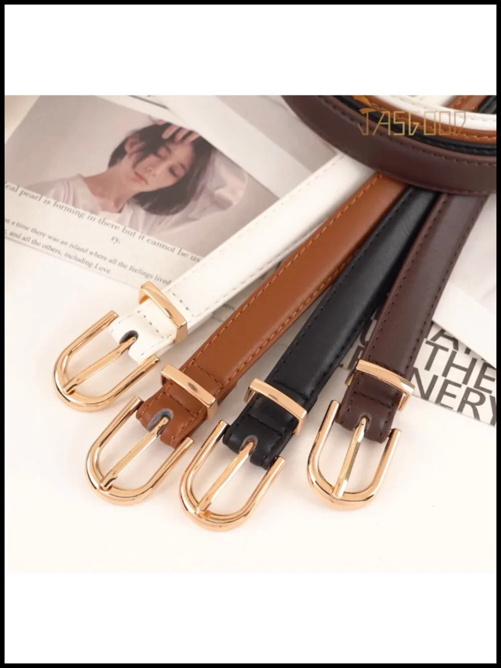 Womens Skinny Faux Leather Belt with Gold Buckle for Jeans Dress Pants